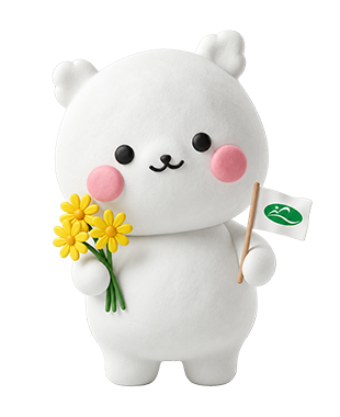 노란 꽃 세 송이와 공단 깃발을 든 안다미 캐릭터